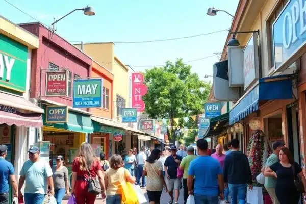 Magasins ouverts le 1er mai avec clients heureux.