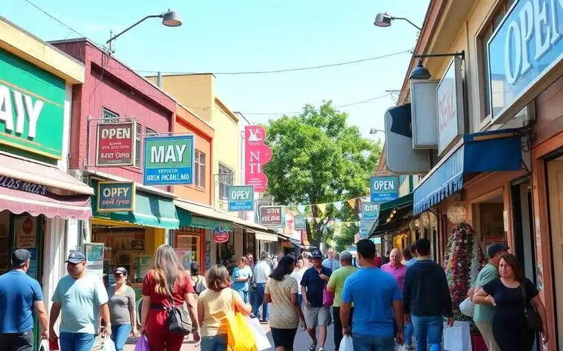 Magasins ouverts le 1er mai avec clients heureux.