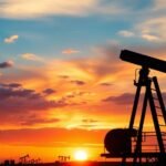 Pétrole américain en déclin avec des champs pétroliers silhouettés.