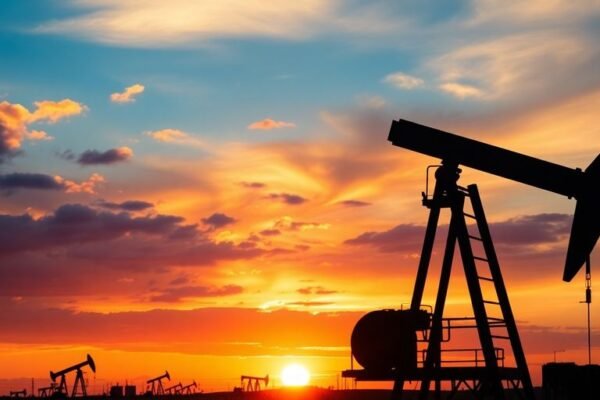 Pétrole américain en déclin avec des champs pétroliers silhouettés.