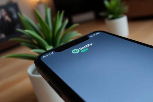 Téléphone avec l'application Spotify en attente de chargement.