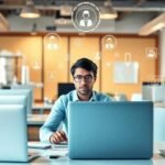 Bureau moderne avec outils technologiques et assistants AI.