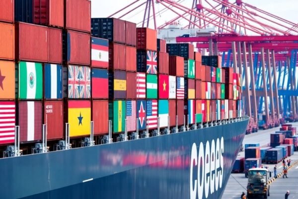 Navire cargo avec conteneurs et drapeaux nationaux.