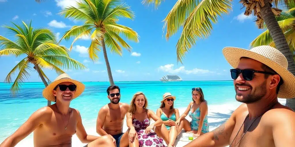 Plage aux Bahamas avec des expatriés français heureux.