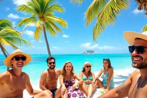 Plage aux Bahamas avec des expatriés français heureux.