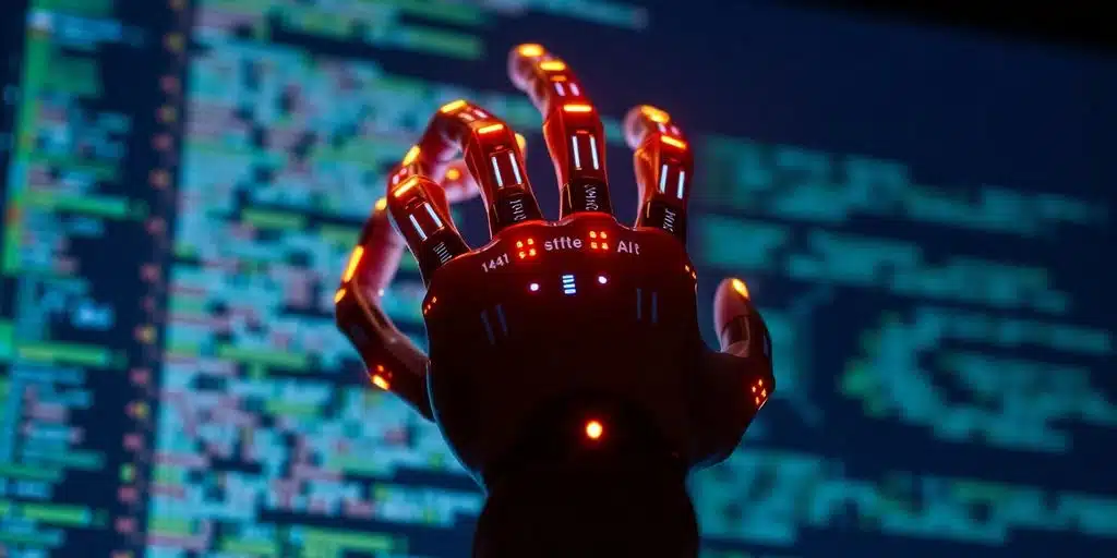 Main d'IA avec circuits lumineux sur un écran d'ordinateur.