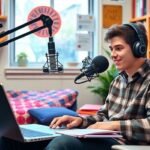 Un étudiant enregistrant un podcast dans une pièce accueillante.