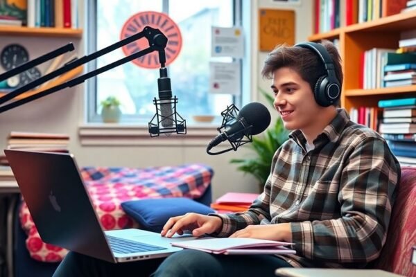 Un étudiant enregistrant un podcast dans une pièce accueillante.
