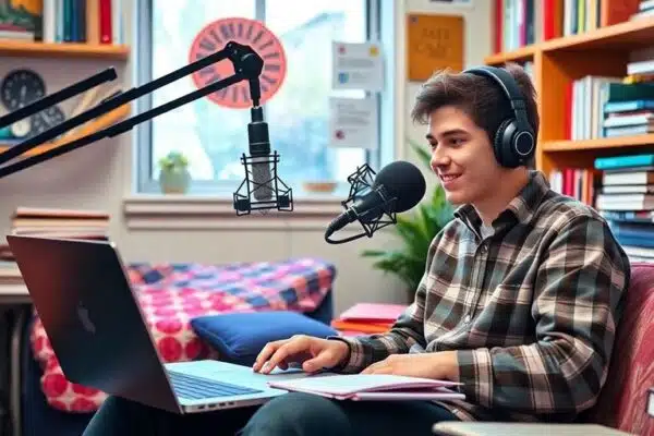 Un étudiant enregistrant un podcast dans une pièce accueillante.