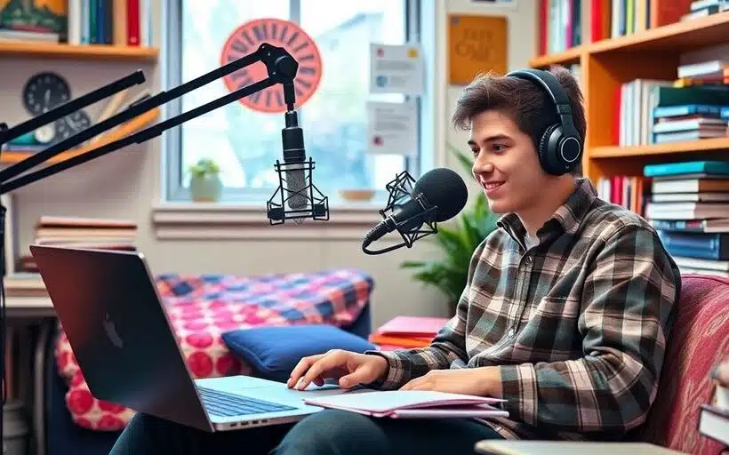 Un étudiant enregistrant un podcast dans une pièce accueillante.