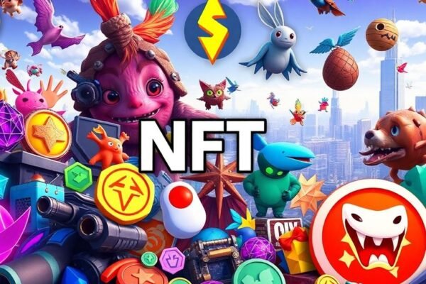 Collage d'NFTs colorés avec art numérique et objets de collection.