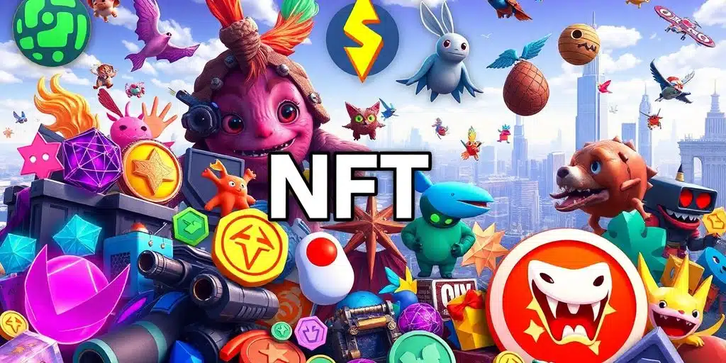 Collage d'NFTs colorés avec art numérique et objets de collection.