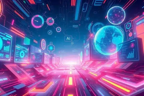 Technologie avancée et interfaces AI futuristes.