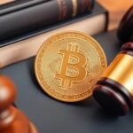 Monnaie bitcoin avec des livres de droit et un marteau.