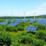 Paysage verdoyant avec panneaux solaires et éoliennes.