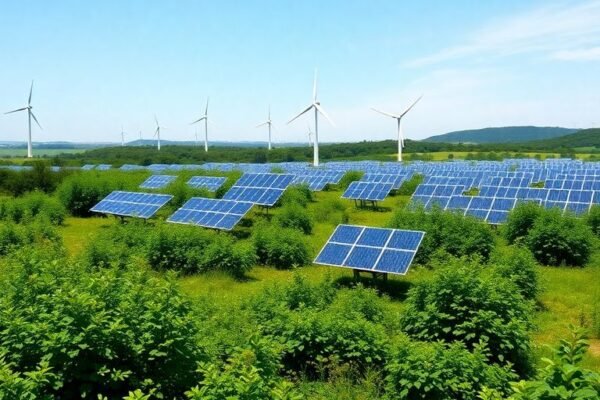Paysage verdoyant avec panneaux solaires et éoliennes.