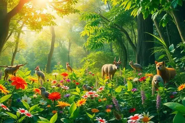 Forêt luxuriante avec faune et flore diversifiées.