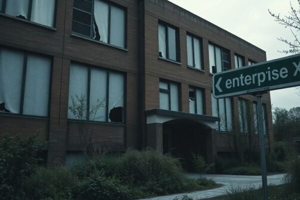 Bâtiment de bureau désert avec fenêtres brisées.