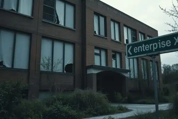 Bâtiment de bureau désert avec fenêtres brisées.