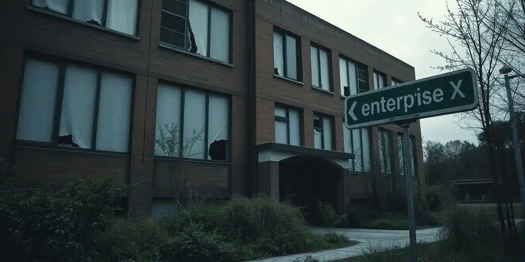 Bâtiment de bureau désert avec fenêtres brisées.