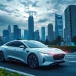 Voiture autonome circulant dans une ville futuriste.