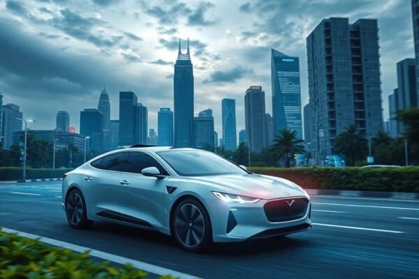 Voiture autonome circulant dans une ville futuriste.