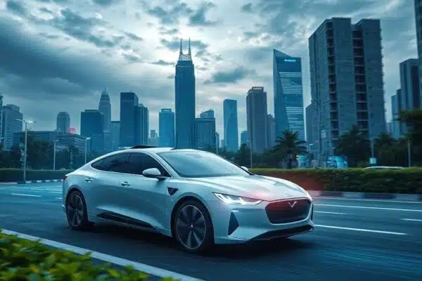Voiture autonome circulant dans une ville futuriste.