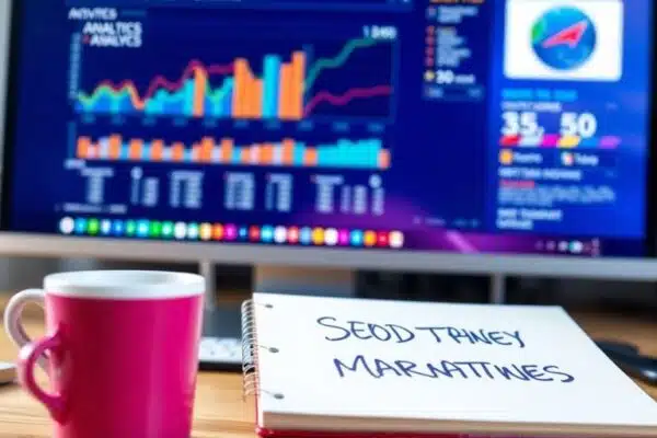 Bureau de marketing numérique avec ordinateur et carnet.