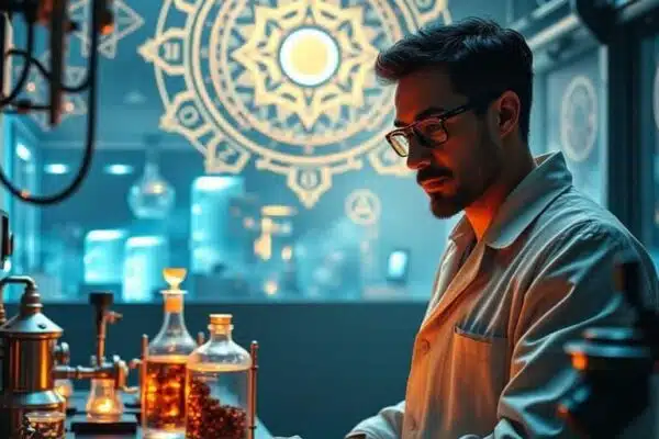 Scientifique dans un laboratoire avec des métaux brillants.