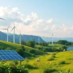 Paysage verdoyant avec énergies renouvelables et faune prospère.