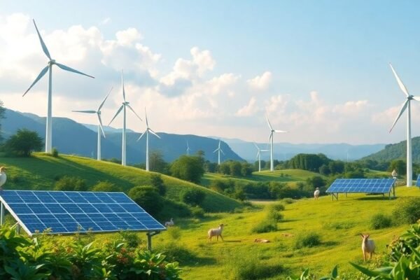 Paysage verdoyant avec énergies renouvelables et faune prospère.