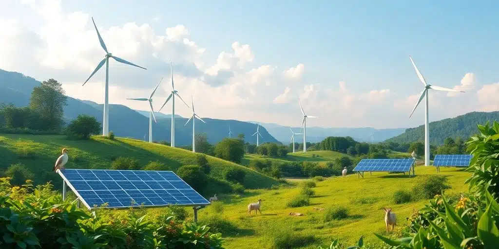 Paysage verdoyant avec énergies renouvelables et faune prospère.
