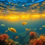 Scène sous-marine avec vie marine et technologie avancée.