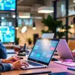 Équipe utilisant des outils technologiques modernes au bureau.