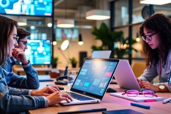 Équipe utilisant des outils technologiques modernes au bureau.