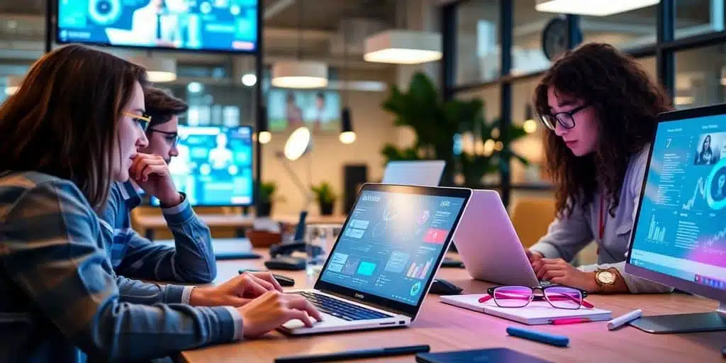Équipe utilisant des outils technologiques modernes au bureau.