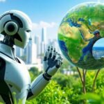 Robot et nature en harmonie, ville futuriste en arrière-plan.