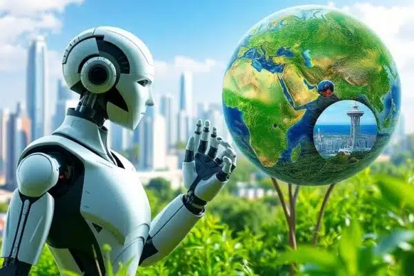 Robot et nature en harmonie, ville futuriste en arrière-plan.