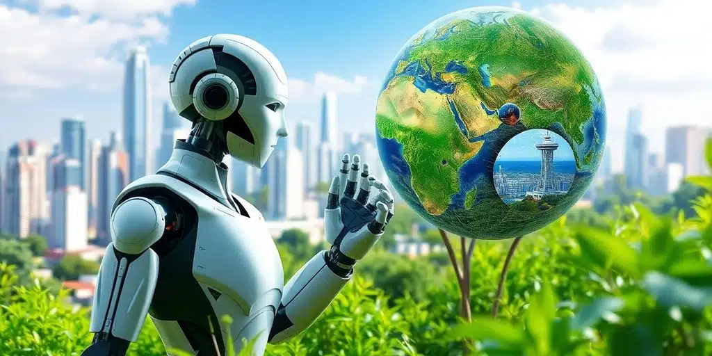 Robot et nature en harmonie, ville futuriste en arrière-plan.