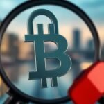 Symbole de crypto-monnaie avec un cadenas et une loupe.