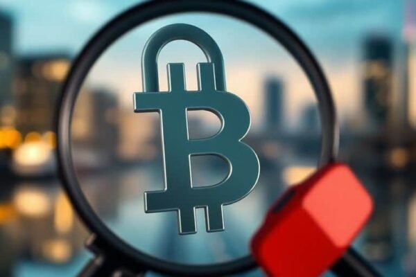 Symbole de crypto-monnaie avec un cadenas et une loupe.