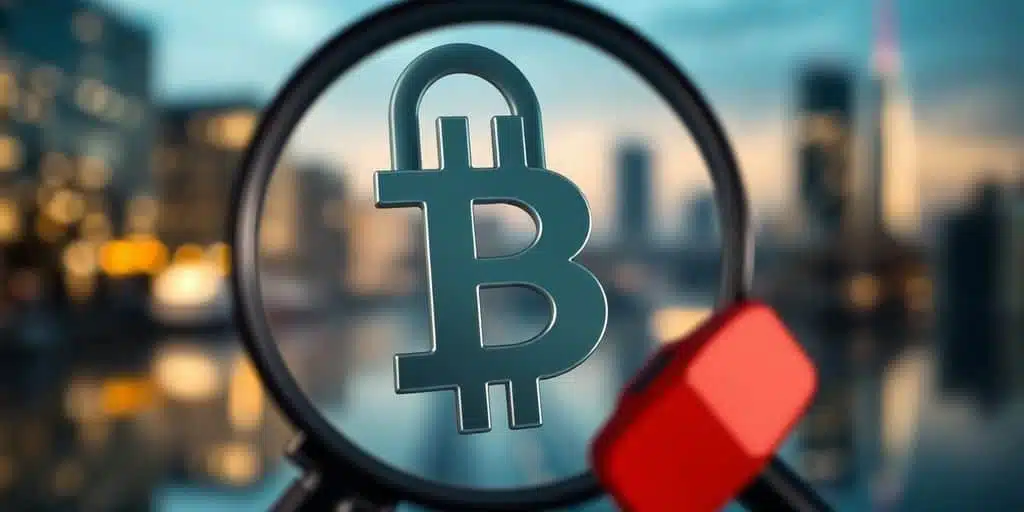 Symbole de crypto-monnaie avec un cadenas et une loupe.