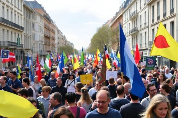 Manifestation du 1er mai : Tensions à Nantes alors que le cortège s’élance à Paris Manifestation à Nantes avec des foules et des drapeaux.