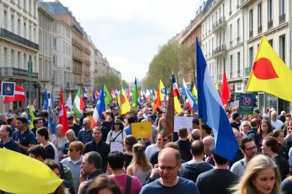 Manifestation à Nantes avec des foules et des drapeaux.