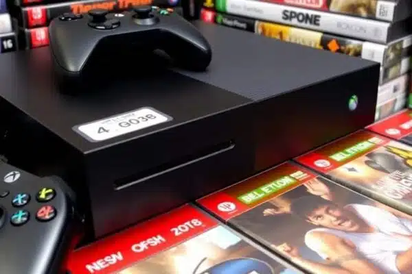Consoles Xbox et manettes avec étiquettes de prix.