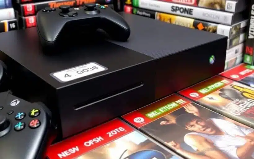 Consoles Xbox et manettes avec étiquettes de prix.