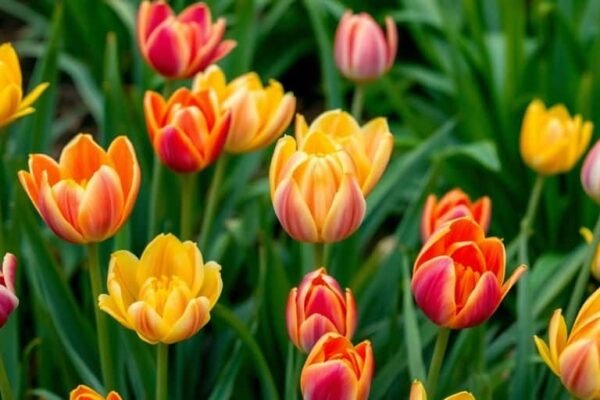 Fleurs à bulbe colorées dans un jardin luxuriant.
