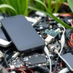 Déchets électroniques parmi des plantes vertes en arrière-plan.