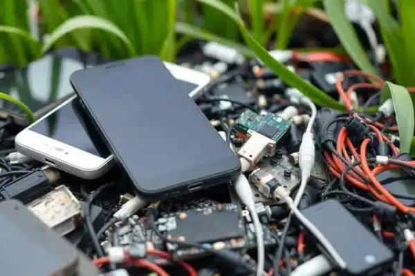 Déchets électroniques parmi des plantes vertes en arrière-plan.