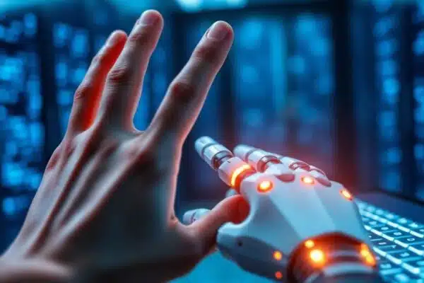 Robot Devstral programmant un ordinateur.